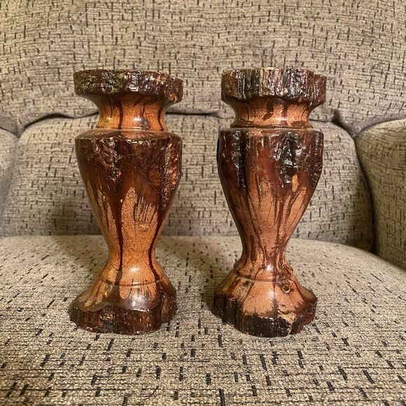 Set of 2 Vintage MCM Hand Turned Chrysanthemum Wooden Candle Stick Holders - Picture 1 of 6